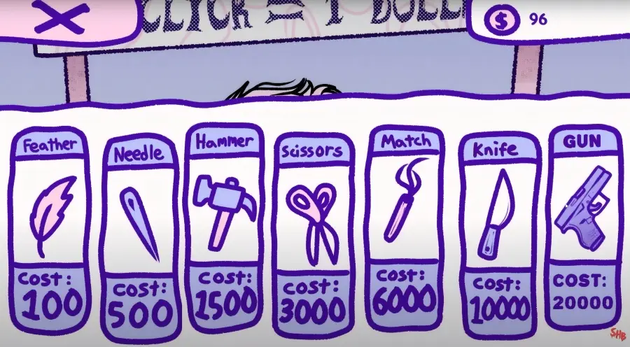 Blood Money psychological horror clicker game endings and tool upgrade interface