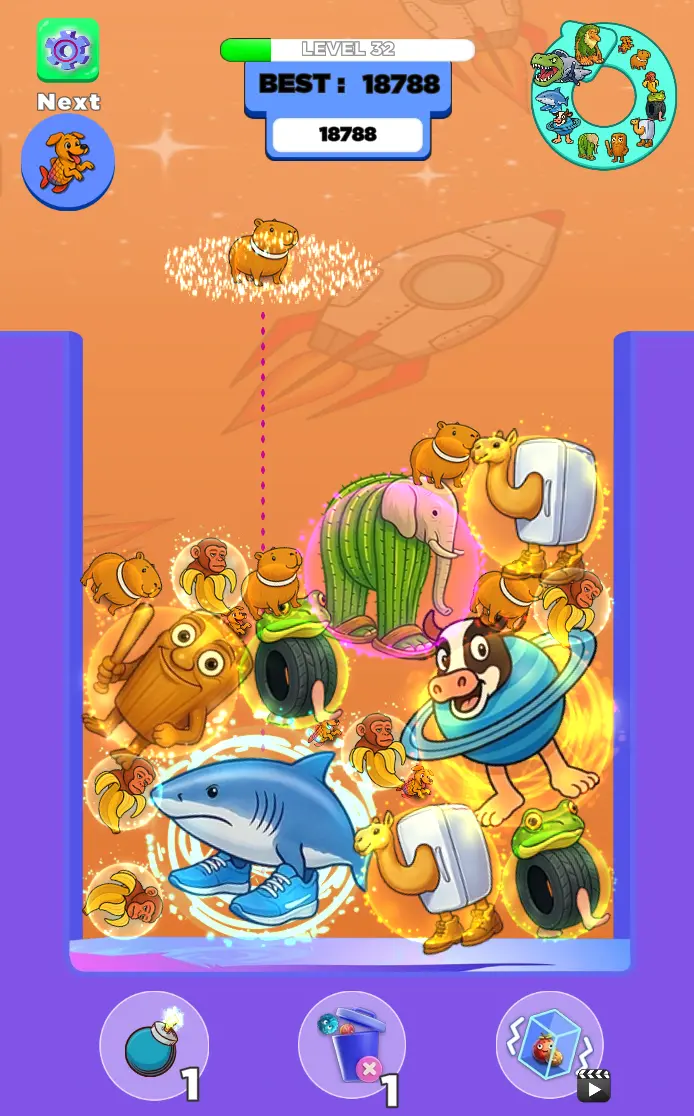 Multiple scene backgrounds showing ocean, starry sky, and power-up tools in action