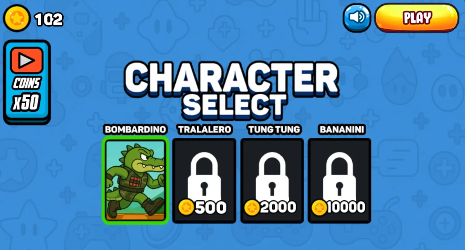 Different Italian Brainrot characters running with coin collection interface