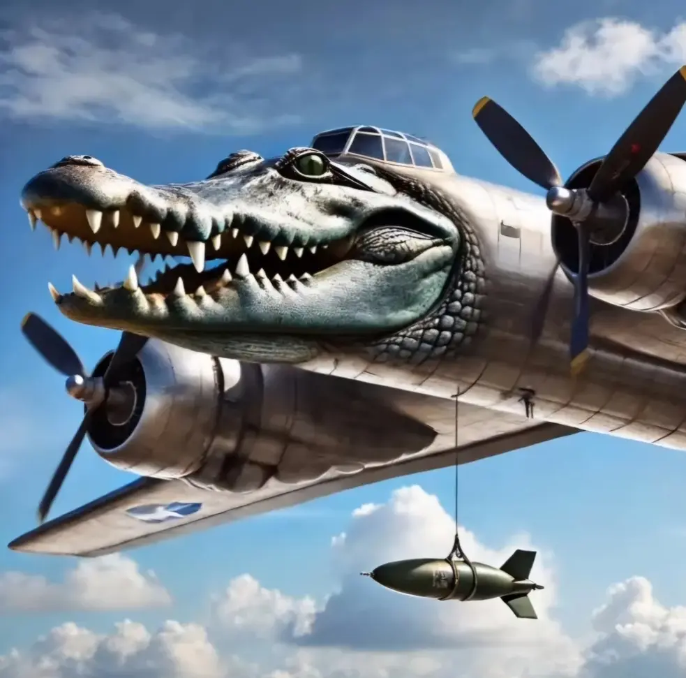 Bombardiro Crocodilo - A fighter jet crocodile hybrid character from Italian Brainrot Merge Fellas