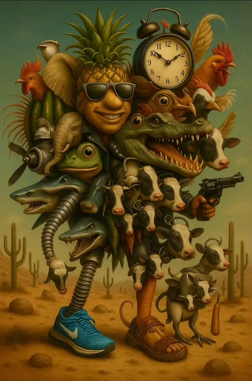 Cacasito La Vaca Trippa Troppa Bombombini Gusini Tralala Lirilira Tung Satelito Tung Sahur Boneka Tung Tung Tralalelo Cappuccino Assasine Tirilikalika Trippi Trenostruzzo Turbo 3000 Troppa Crocodina Fruli Crocodildo Penosini Frulia Bublito Bandito Traktorito - The ultimate fusion character combining nearly all Italian Brainrot memes into one massive cosmic entity from Merge Fellas