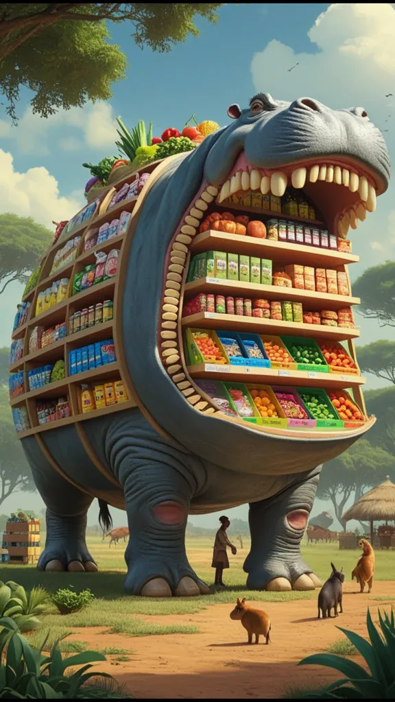 Hipopotamino Supermarketino - A hippo-supermarket hybrid character from Italian Brainrot Merge Fellas