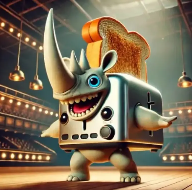 Rhino Toasterino - A rhinoceros-toaster hybrid character from Italian Brainrot Merge Fellas