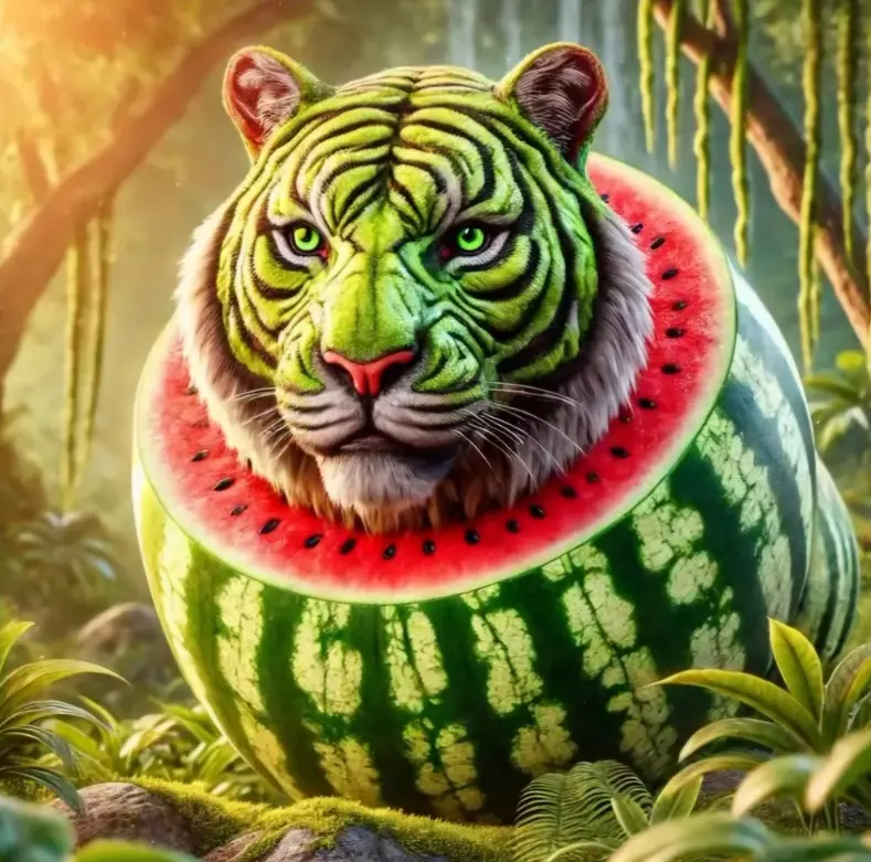 Tigrrullini Watermellini - A tiger-watermelon hybrid character from Italian Brainrot Merge Fellas