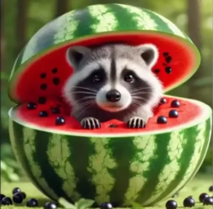 Raccooni Watermelunni - A raccoon-watermelon hybrid character from Italian Brainrot Merge Fellas