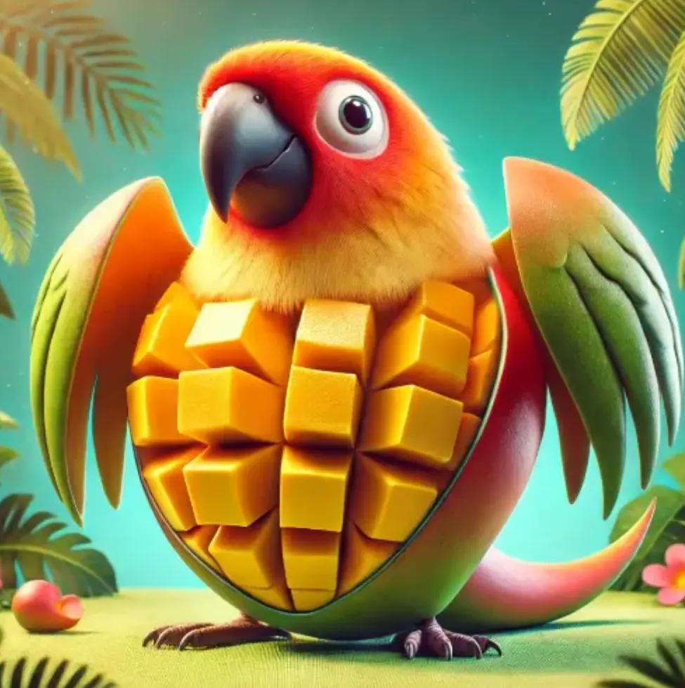 Mangolini Parrocini - A mango-parrot hybrid character from Italian Brainrot Merge Fellas