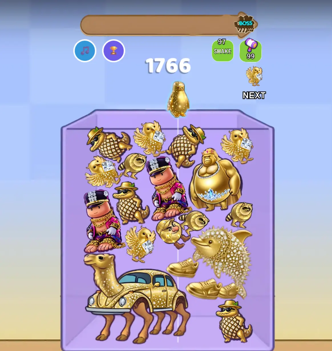 Merge Brainrot Gold Gems Edition gameplay showing golden diamond characters and luxury merge mechanics