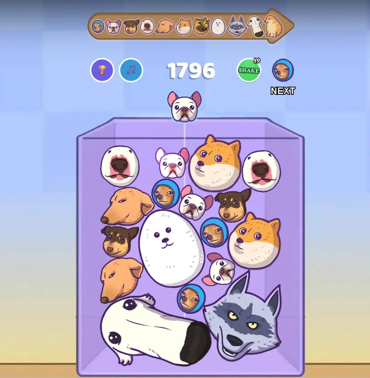 Gameplay showing dog breed evolution from puppies to large working dogs