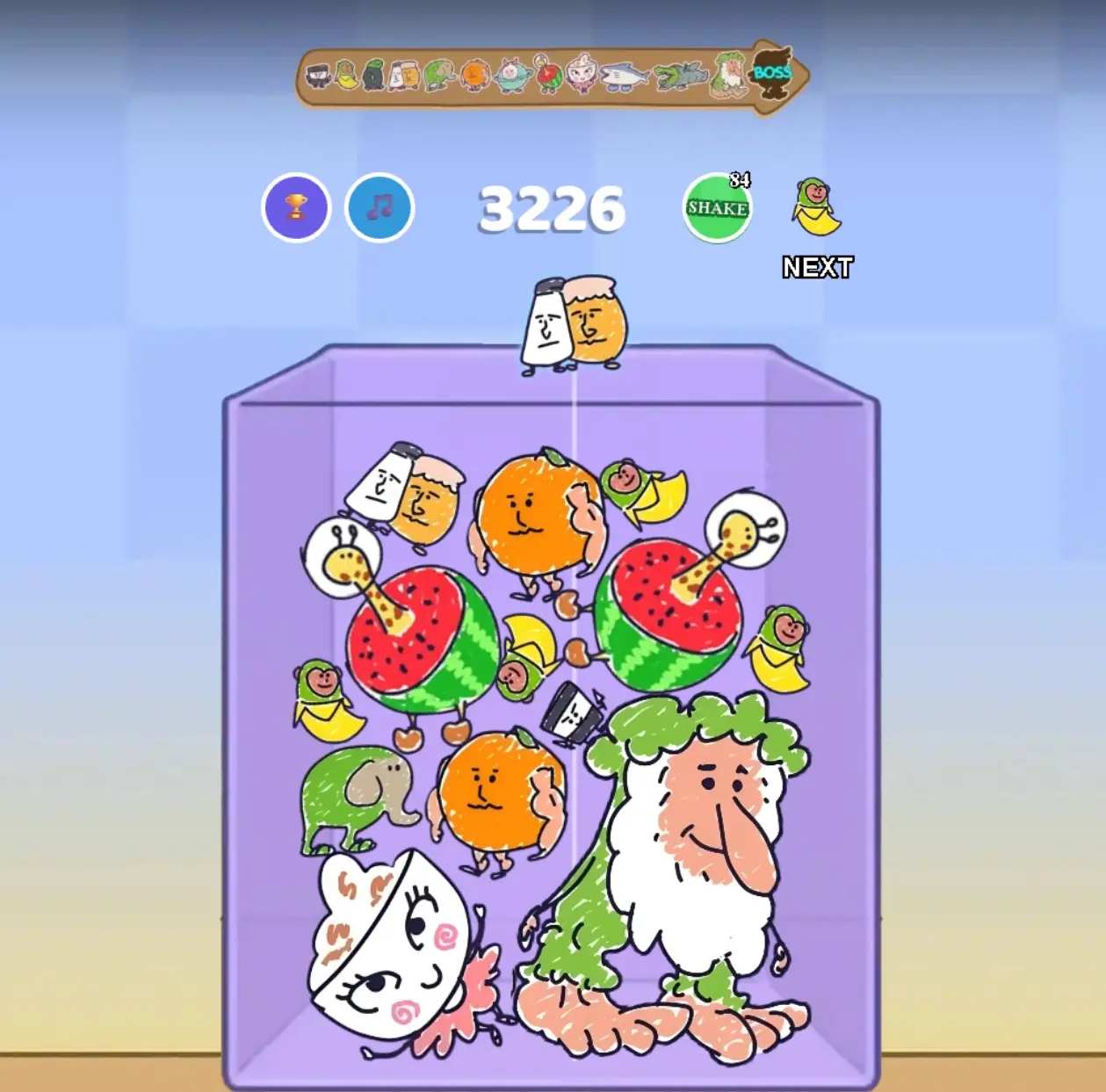 Artistic doodle-style gameplay screen with sketchy characters