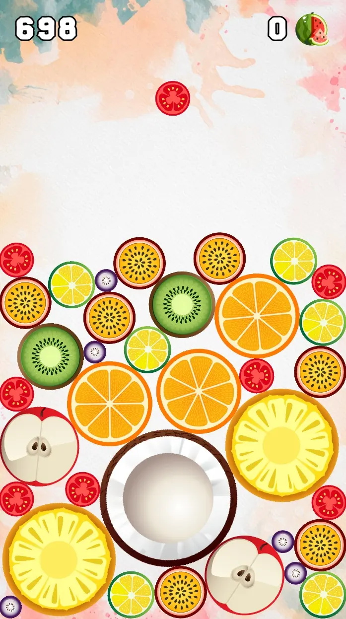 Relaxing Suika watermelon game with colorful fruit merging