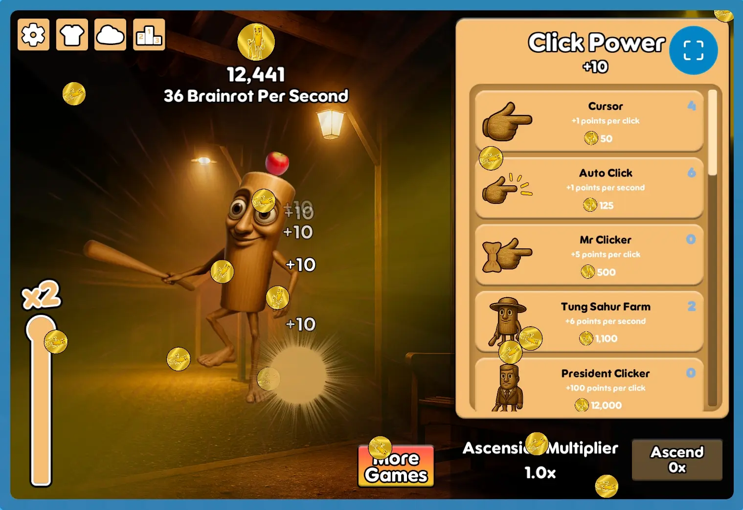 Tung Sahur Clicker Start Screen with Zany Effects